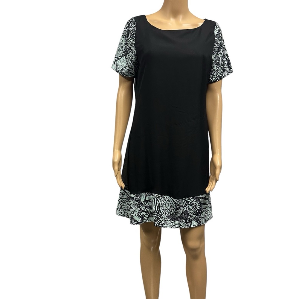 Rachel Kata Sheer Overlay Black Teal Short Sleeve Midi Shirt Dress Womens Small